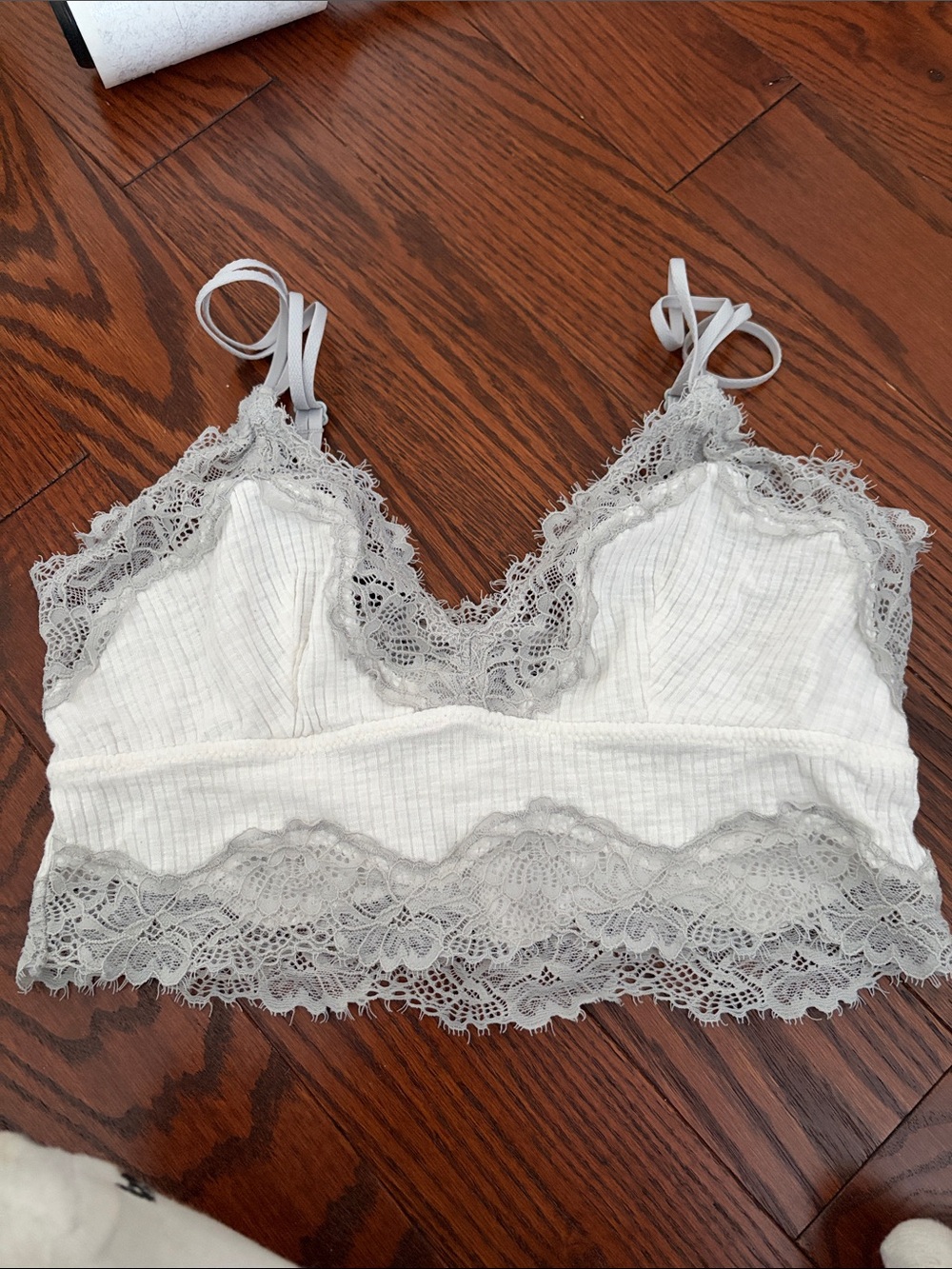 Lace-Trim Ribbed Bralette - White and Light Gray